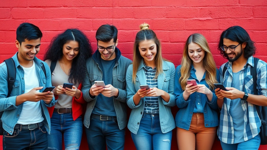 Engaging Next Generation Workforce: Young adults using smartphones against red wall.