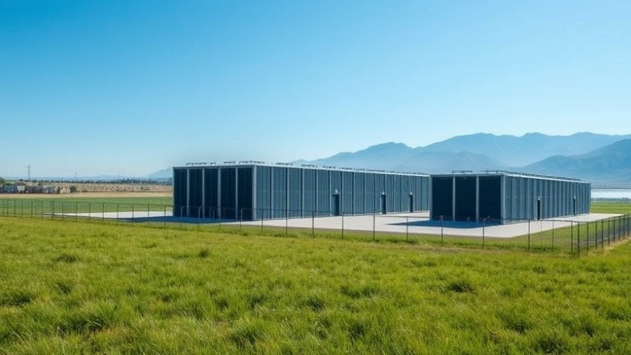 AI Data Centers and Climate Goals in open landscape under clear sky, wide view.