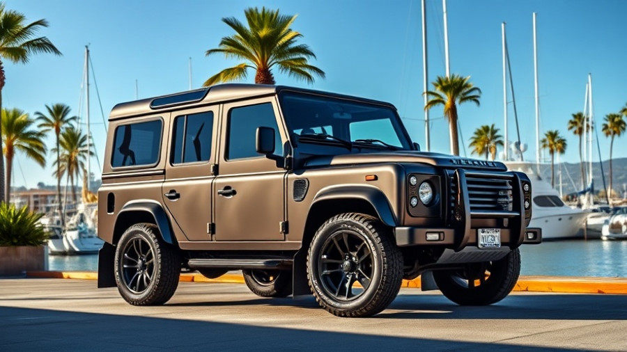 Custom Land Rover Defender parked at Big Toho Marina under sunny skies.