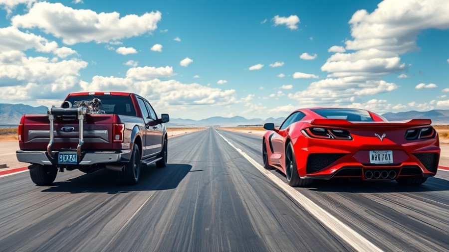 Supercharged F-150 vs C8 Corvette drag race setup on airstrip.