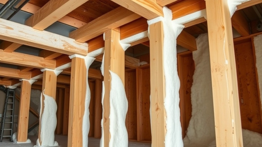 Rim joist insulation process with foam detail in basement.