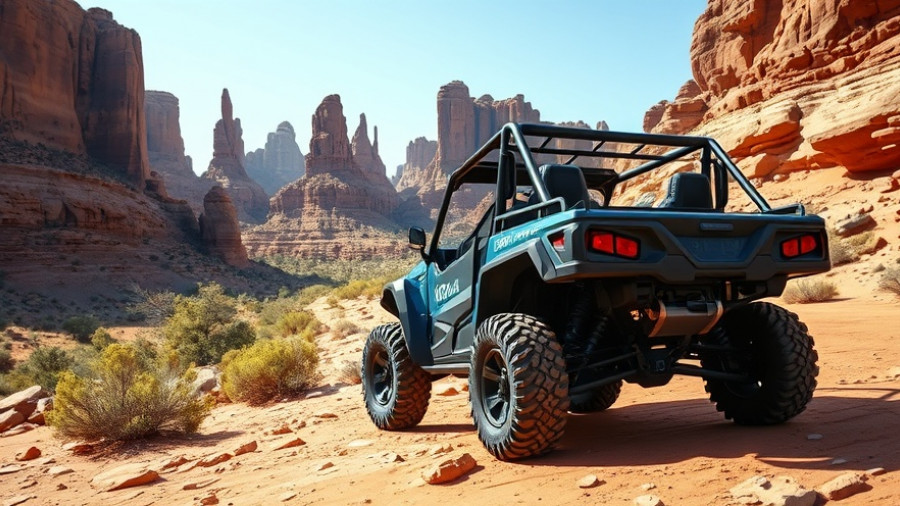 Blue UTV adventure at Torquerville Falls in a rocky canyon.