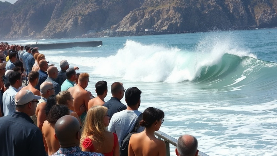 People watching waves at ocean pier emphasizing safety near the ocean.
