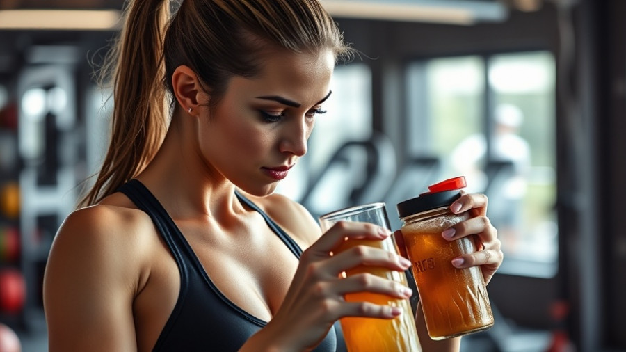 Athletic woman using non-stim pre-workout supplement in gym.