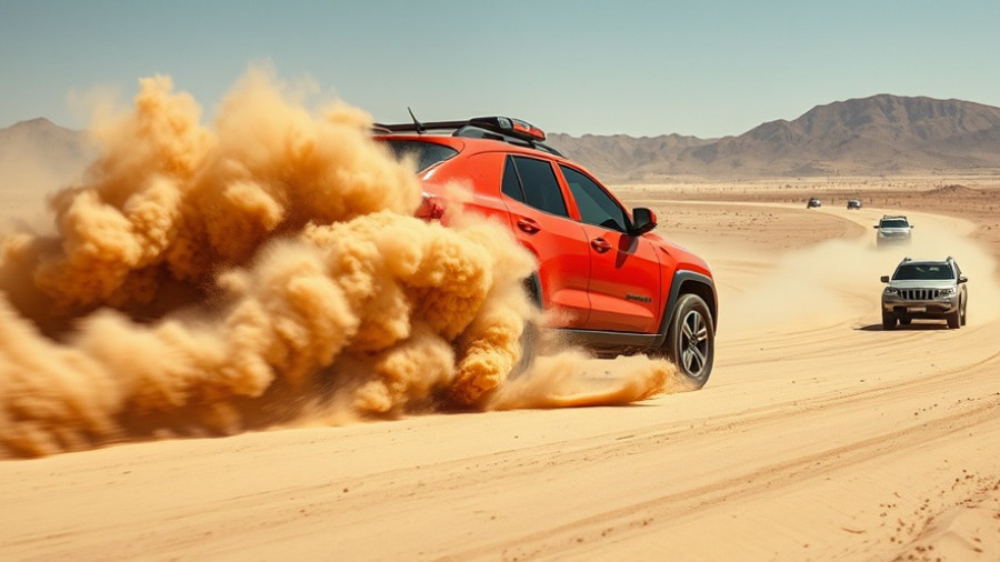 Cleetus 840HP Whipple sand car kicking up dust in desert.