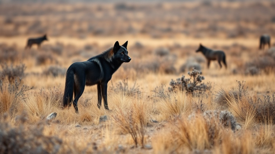 Vigilant black wolf in California grassland, representing wolf management.