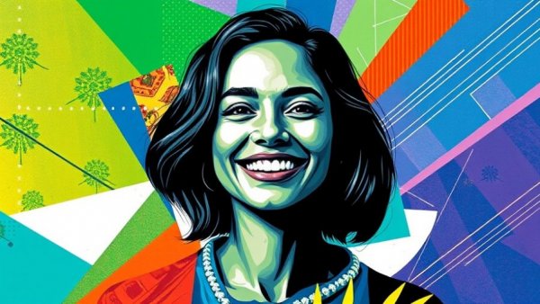 Collage-style portrait of smiling individual with geometric shapes.