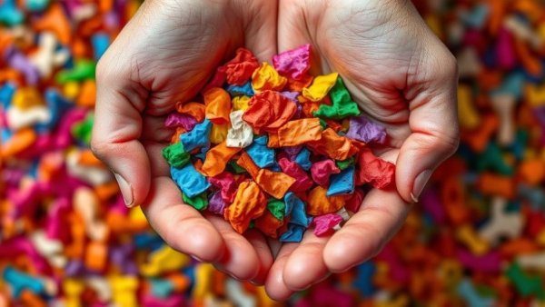 Hands holding colorful plastic flakes, 2030 Plastics Agenda for Business