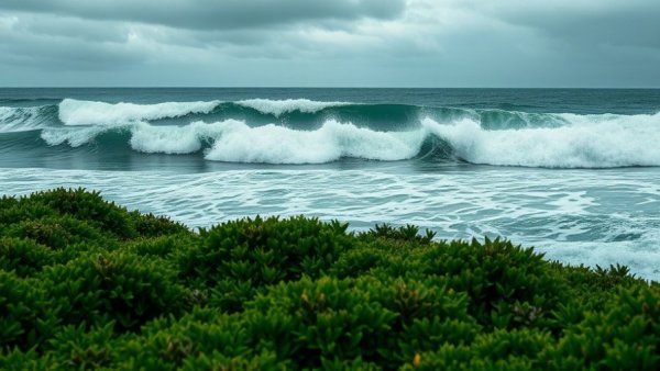 Powerful waves at Margaret River under overcast sky, coastal vegetation in foreground.