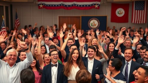 Virginia Democrats celebrating with flags at an event