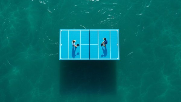 Aerial view of floating pickleball court in Miami ocean.