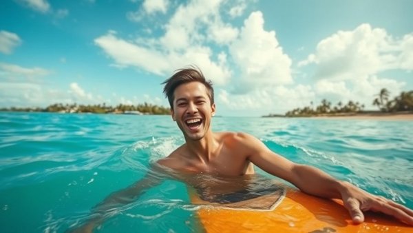 Surfing community respect: a playful moment captured in a tropical ocean setting.