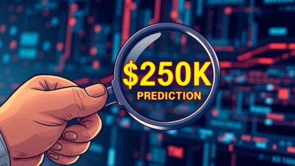 Futuristic cartoon style of hand with magnifying glass showcasing Bitcoin price forecast in vibrant colors.