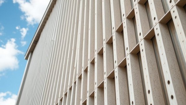 Close-up alignment and spacing of rain screen battens on building façade.