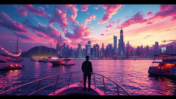 Futuristic waterfront cityscape with boats at sunset, AI Testing Frameworks.