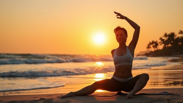 Woman practicing body acceptance mindfulness on a serene beach at sunrise.