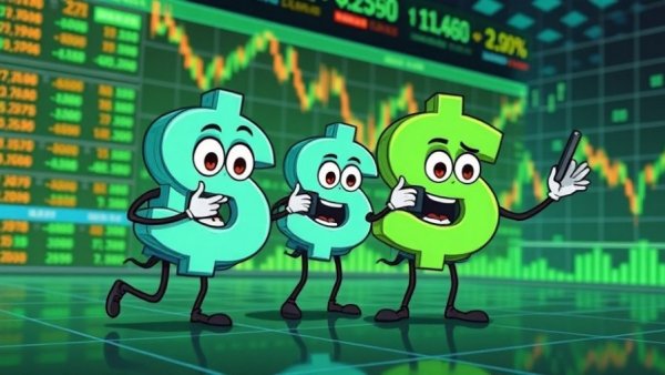 Cartoon Bitcoin symbols analyzing trade charts, illustrating Bitcoin trade lag.