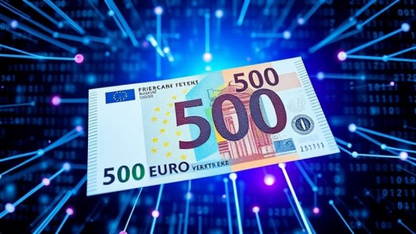 Futuristic digital euro bill in virtual network, representing Italian banks support digital euro.