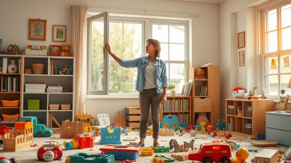 Woman assessing impact on playroom after Eaton Fire, surrounded by toys.
