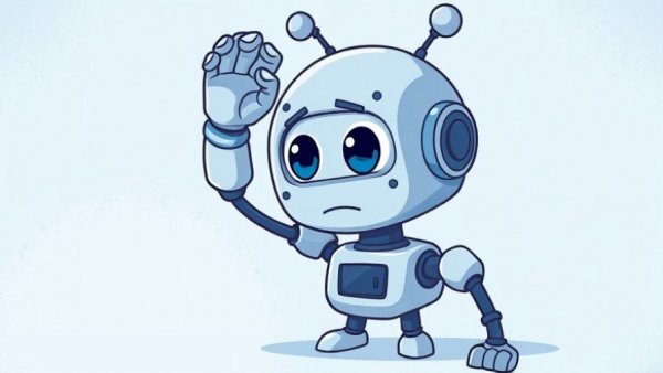 Whimsical cartoon robot pondering concept of AI replacing engineers.