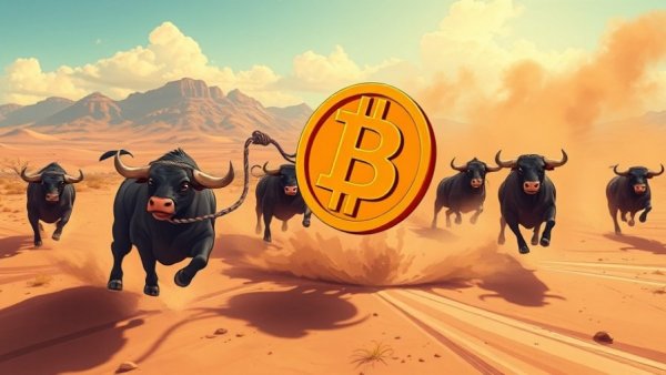 Bitcoin bull run cartoon with Bitcoin symbol and running bulls.