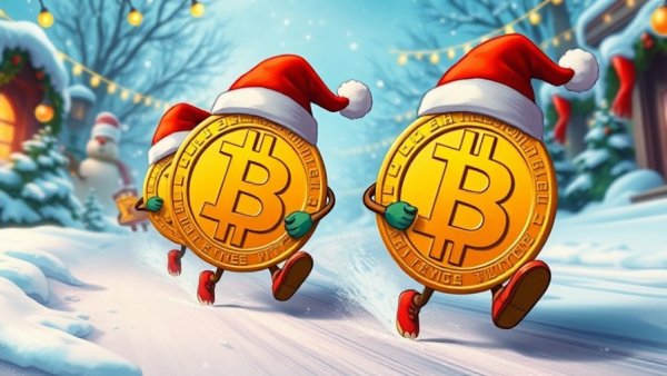 Bitcoin vs Gold Christmas Rally cartoon with festive decorations