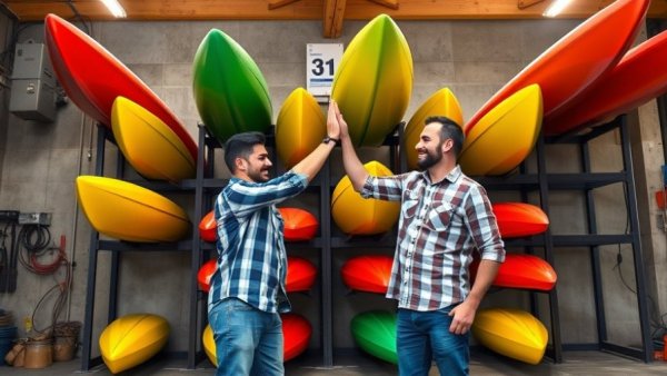 Two people high-five in front of vibrant DIY kayak storage rack in garage.