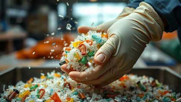 Recycling process with gloves handling e-waste in industrial setting.