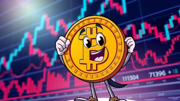 Cartoon Bitcoin character with stock market charts in background, representing Bitcoin price support levels.
