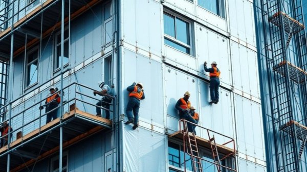 Workers installing exterior insulation panels on a building.