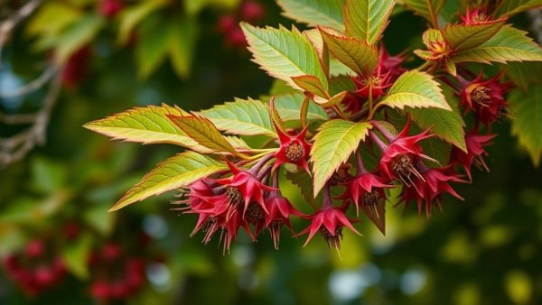 Sweetgum tree branch with star-shaped leaves and spiky pods, highlighting sweetgum benefits and uses.