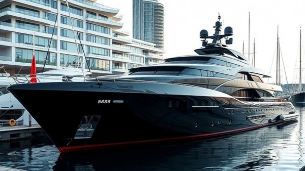 Front view of 50-meter ALY501 yacht with glossy black hull.