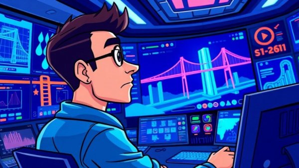 Futuristic cartoon operator in control room monitors blockchain bridge.