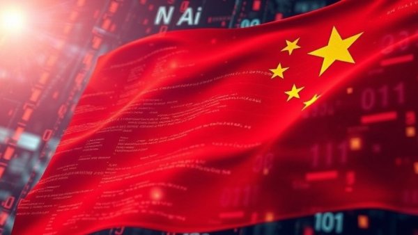 Abstract digital art with Chinese flag and code, symbolizing AI prowess.