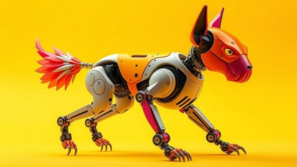 Colorful robotic dog linked to AI interface, futuristic design.
