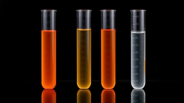 Test tubes with liquids related to PVC recycling technology on black background.