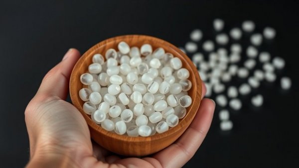 Close-up of food-grade recycled polypropylene pellets in a wooden bowl.