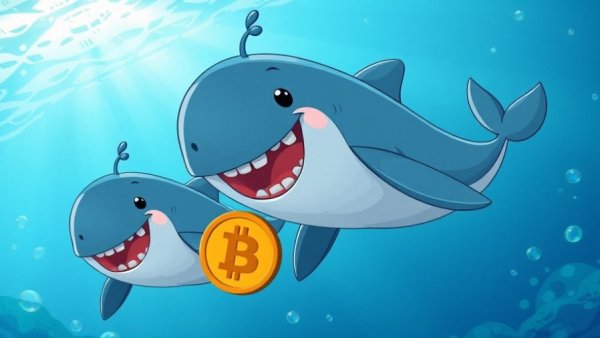 Illustration of cartoon whales and Bitcoin underwater, symbolizing Bitcoin second-largest whale accumulation.