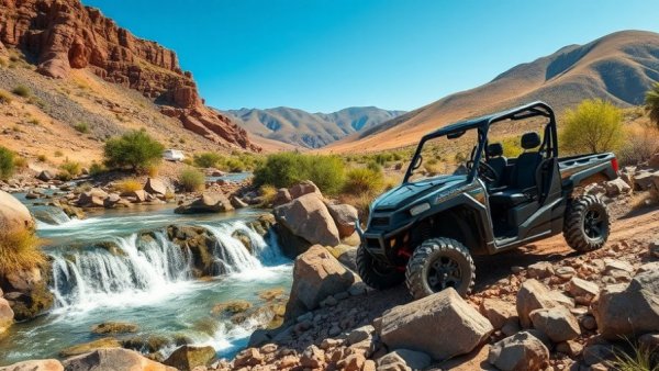 Polaris RANGER Kinetic Ultimate Review in rugged desert terrain with waterfall