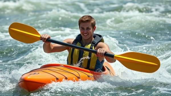 Young kayaker tackling rapids in bright sunlight - up-and-coming whitewater athletes.