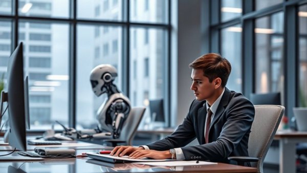 AI agents collaboration with humans, working side by side in a modern office.