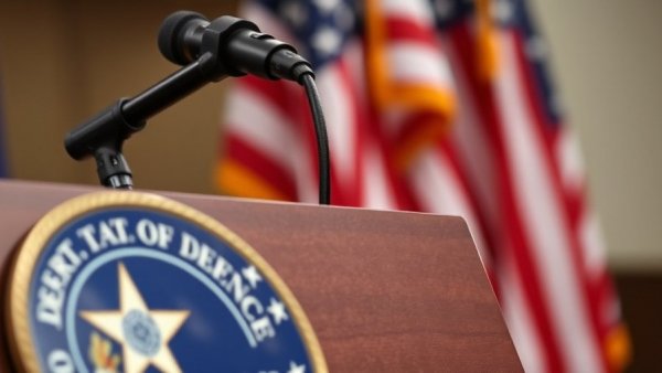Department of Defense podium with American flags backdrop, symbolizing military authority.