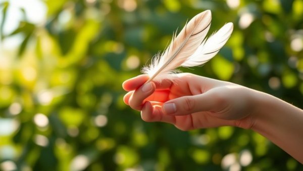 Serene hand with feather quill symbolizing overcoming creative blocks against bokeh backdrop.