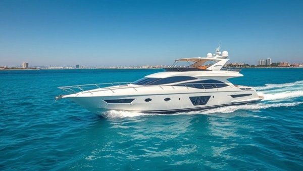 2019 Prestige 590 Yacht cruising in turquoise waters with skyline.
