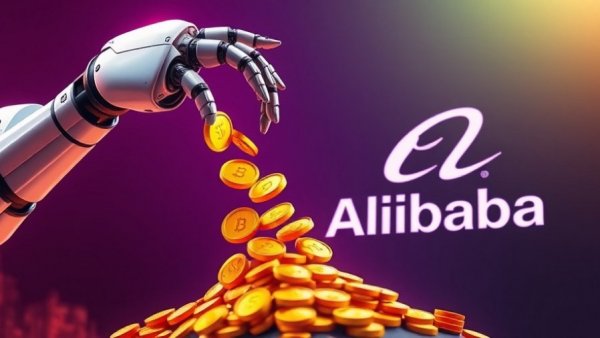 Alibaba deposit token concept with robotic arm and coins in vibrant digital art.
