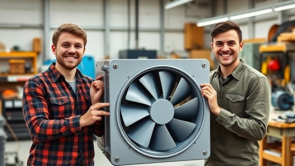 Three men holding SWERVAIR Energy-Recovery Ventilator in workshop.