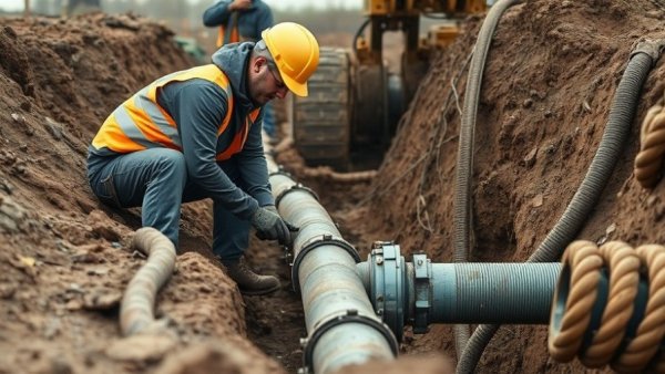 Construction workers replacing lead pipe in trench, highlighting lead pipe replacement funds.