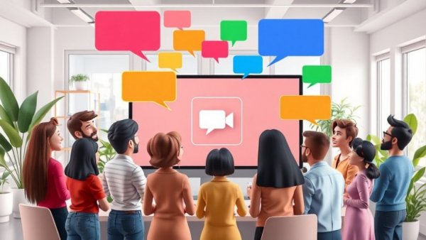 Animated group chat illustration with people around computer