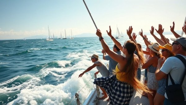 Spectators celebrate Olympic sailing with flags and distant sailboats.