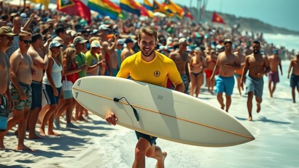 Surfer on beach with crowd at 2026 Women's Championship Tour Wildcard.